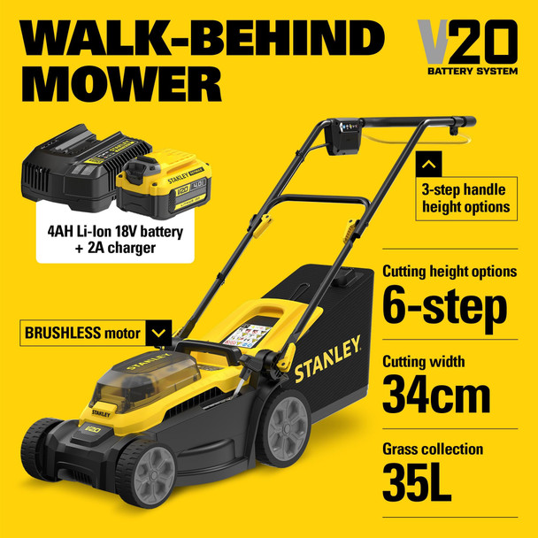 STANLEY V20 18V Cordless Brushless 34cm Lawn Mower, 4.0Ah Battery & Charger, 35L Bag - SCMWP3401M1-GB – image 2