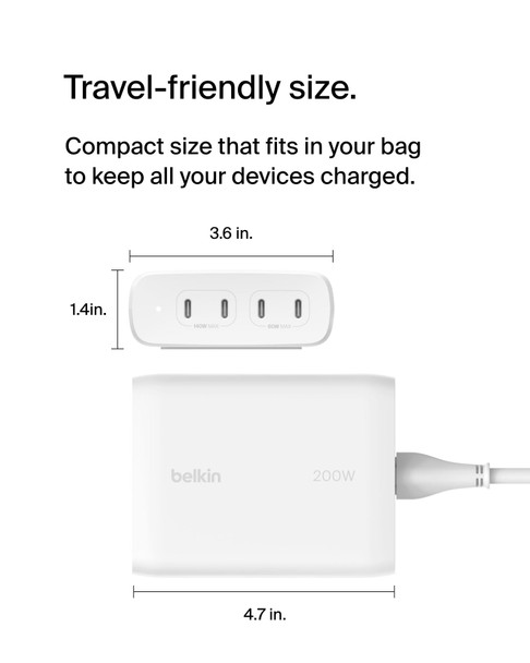 Belkin BoostCharge Pro 4-Port USB-C GaN Wall Charger 200W, USB-C PD 3.1, 5ft Power Cord, White - WCH015MYWH – image 7