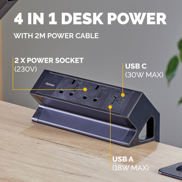 Fellowes Power Desk 2 Desktop Power Module, 2 Sockets, USB-A + 30W USB-C, Clamp Mount, Black – image 4