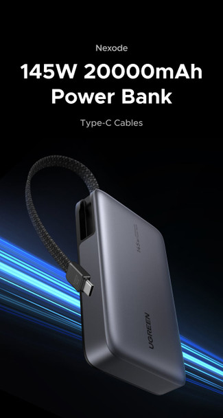 Ugreen 20000mAh 145W Power Bank with Built-in USB-C Cable, USB-C + USB-A Ports, Grey - 55992B – image 4