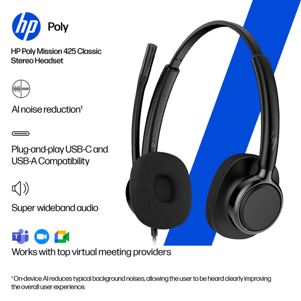 Poly Mission 425 Stereo USB Wired Headset, Noise-Cancelling Mic, USB-C with USB-A Adapter - C01B6AA#AC3 – image 5
