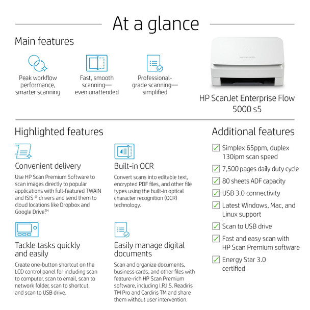 HP ScanJet Enterprise Flow 5000 s5 A4 Sheet-fed Scanner, Duplex, 65ppm, 80-Sheet ADF - 6FW09A#B19 – image 7
