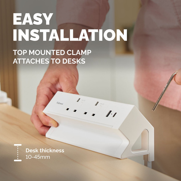 Fellowes Power Desk 2 Desktop Power Module, 2 Sockets, USB-A + USB-C, Clamp Mount, White – image 5