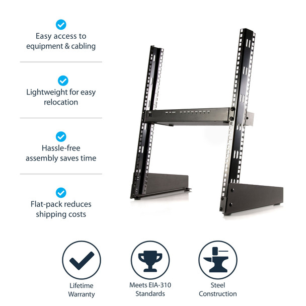 StarTech.com 12U 19" 2-Post Desktop Open Frame Rack, 50kg Capacity, Cage Nuts & Screws - RK12OD – image 7