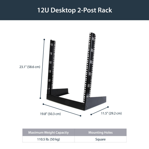 StarTech.com 12U 19" 2-Post Desktop Open Frame Rack, 50kg Capacity, Cage Nuts & Screws - RK12OD – image 6