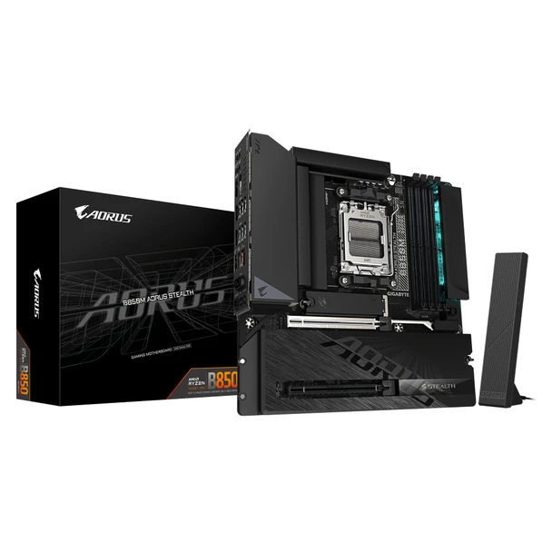 Gigabyte B850M AORUS STEALTH AMD AM5 Socket Motherboard, Micro-ATX, 4x DDR5 Slots, 3x M.2 Socket, Fitted I/O Shield, 5GbE LAN, Wi-Fi 7, 1x DisplayPort / 1x HDMI Port