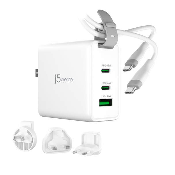 j5create 65W GaN 3-Port USB-C and USB-A Travel Charger - JUP3565CV-N
