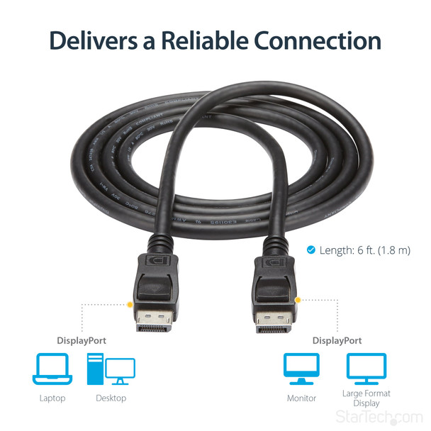 StarTech.com 1.8m DisplayPort 1.2 Cable, 4K 60Hz, VESA Certified, Latching Connectors, Black - DISPLPORT6L – image 12