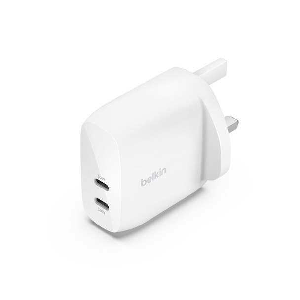 Belkin BoostCharge 60W Dual USB-C Wall Charger, 2 x 30W PD with PPS, White - WCB010MYWH