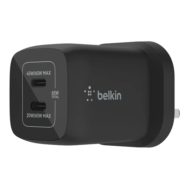 Belkin 65W Dual USB-C GaN Wall Charger, PD 3.0 with PPS, 45W + 20W, Black - WCH013MYBK