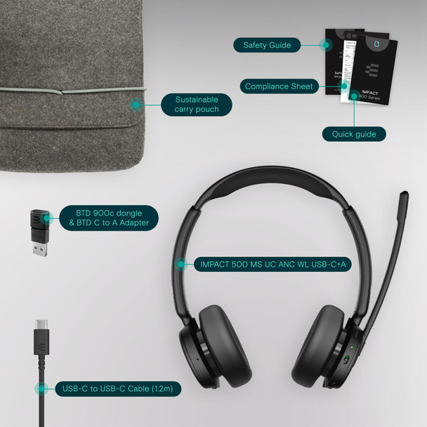 EPOS IMPACT 500 Wireless ANC Headset, Teams Certified, Bluetooth, USB-C & USB-A, Up to 35h Talk Time - 1001490 – image 5