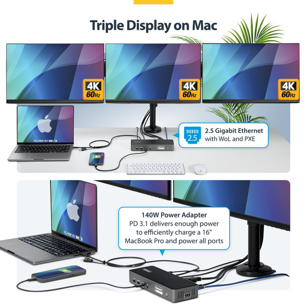 StarTech.com Triple-Monitor USB-C Dock, 140W Power Delivery, 4K 60Hz HDMI/DisplayPort, 2.5GbE - DK30C2DPEPRUE – image 3