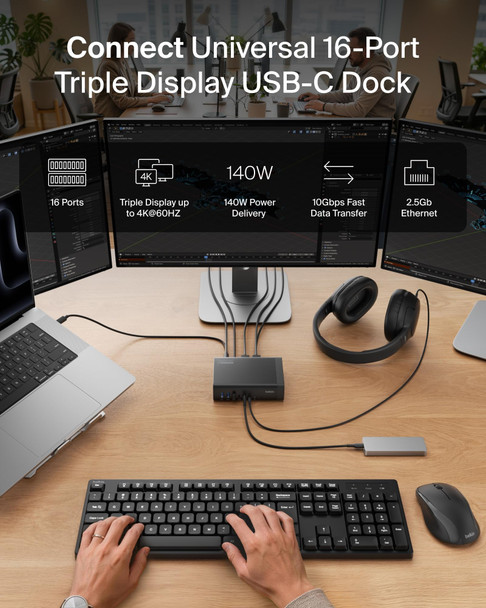Belkin Connect 16-in-1 USB-C Triple Display DisplayLink Dock, 140W PD, 4K60, 2.5GbE - INC029KQBK – image 2