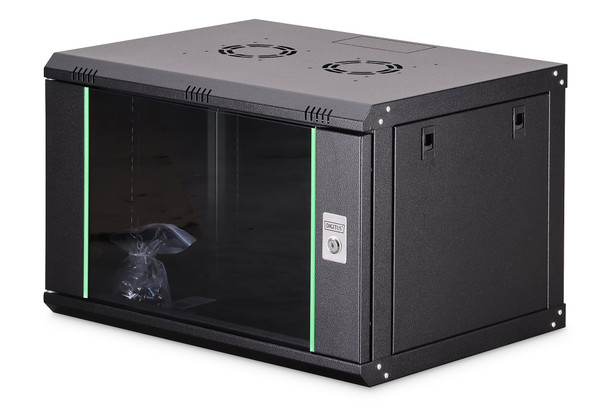 DIGITUS Dynamic Basic 7U 19" Wall Mounting Network Cabinet, 385 x 600 x 450 mm, Glass Door, 60 kg, Black - DN1907UECSW