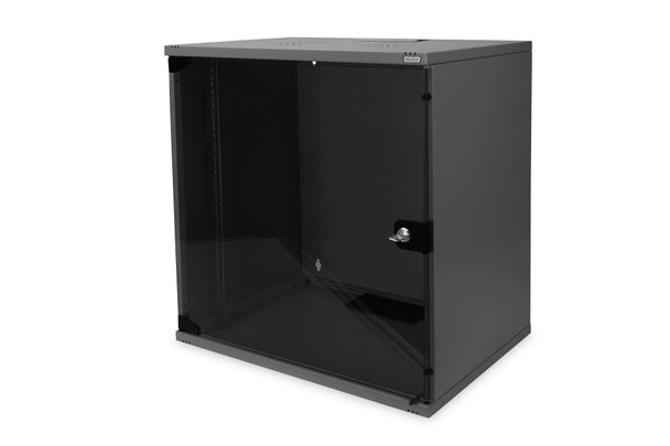 DIGITUS SOHO 12U 19" Wall Mounting Network Cabinet, Flat-Pack, 595 x 540 x 400 mm, Glass Door, Black - DN-19 12-U-S-SW