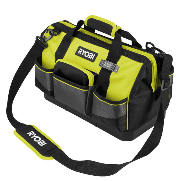 RYOBI 22L Small Tool Bag, 1680D Polyester Pockets, Water-Resistant Hard Base, Shoulder Strap - RSSSTB1
