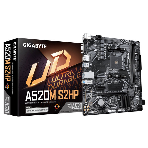 Gigabyte A520M S2HP AMD AM4 Socket Motherboard, Micro-ATX, 2x DDR4 Slots, 1x M.2 Socket, GbE LAN, 1x D-Sub / 1x DisplayPort / 1x HDMI Port