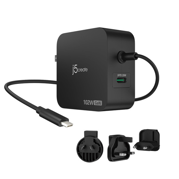 j5create 102W GaN PD USB-C 2-Port Charger with Changeable Plugs - JUP25102V-N