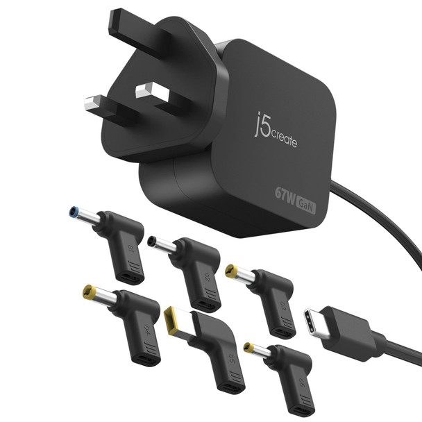 j5create 67W GaN USB-C PD Mini Charger with 6 DC Adapters - JUP1565DCF-FN