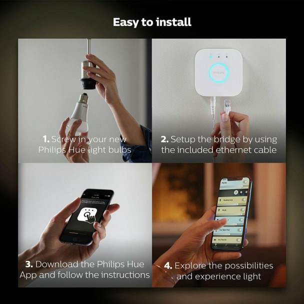 Philips Hue Kit With Hue Bridge, Dimmer & 3 White Ambience 8.5W E27 Bulbs
