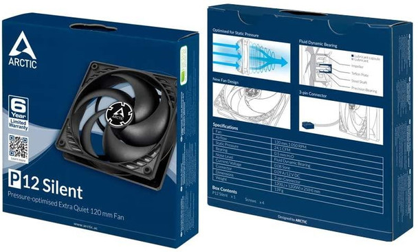 Arctic P12 Silent - 120mm Pressure Optimised Extra Quiet Case Fan - Black/Black