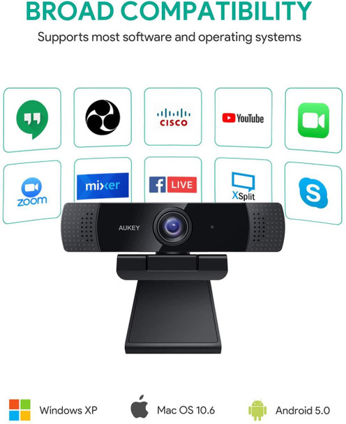 Aukey Full HD (1080p) Webcam For Video Chat With Stereo Microphone - Black - USB