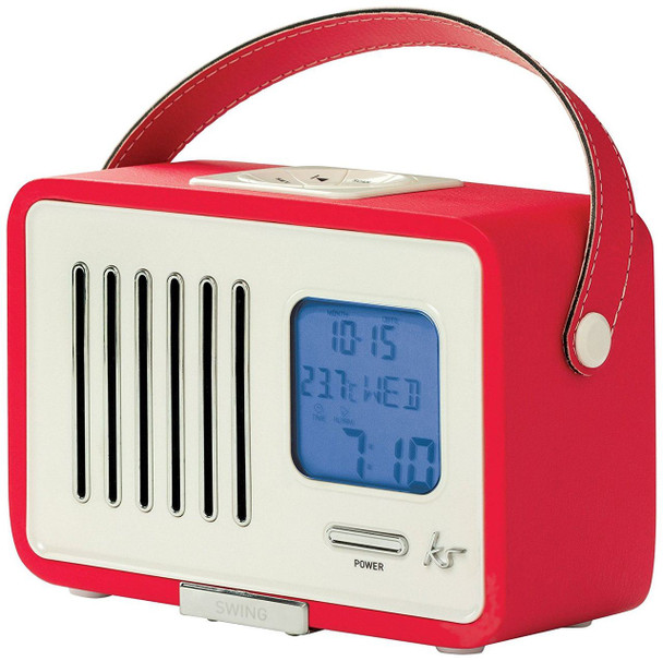 KitSound Swing Mini Portable 1920s Style Retro FM Radio with Alarm Clock - Red