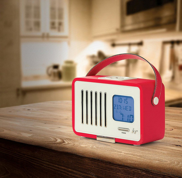 KitSound Swing Mini Portable 1920s Style Retro FM Radio with Alarm Clock - Red