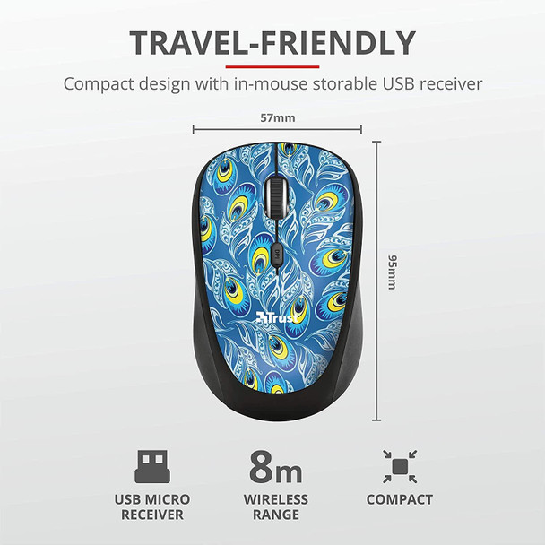 Trust Yvi Compact 2.4GHz Wireless Battery Ambidextrous Optical Mouse Peacock