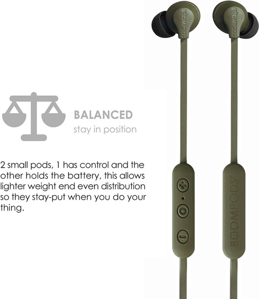 BoomPods Sportline Wireless Bluetooth Magnetic In Ear Headphones Army Green