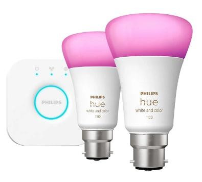 Philips Hue White and Colour Ambiance B22 LED Starter Kit - 2 Bulbs & Hue Bridge