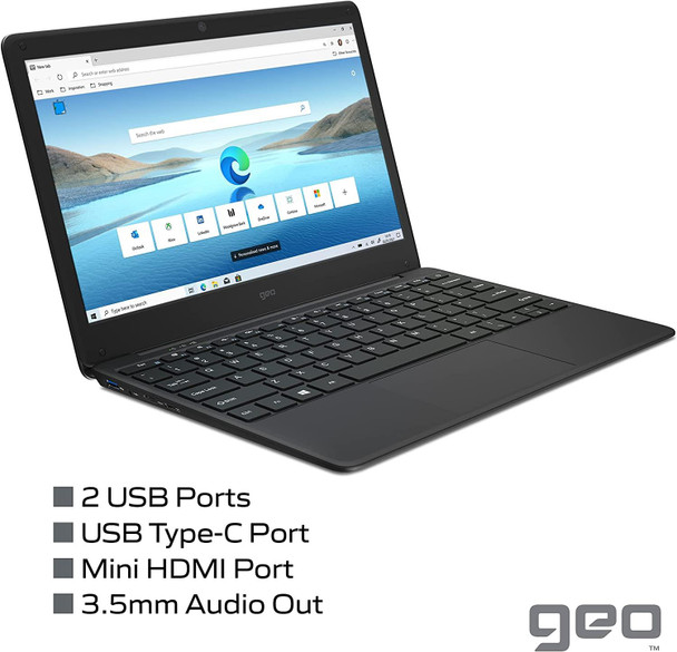GeoBook 120 12.5" Windows 10 Laptop Intel Celeron N3450 4GB RAM 64GB eMMC Black