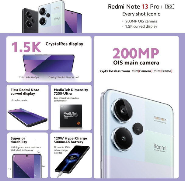 Xiaomi Redmi Note 13 Pro+ 5G Smartphone 12+512GB, Purple UK Version