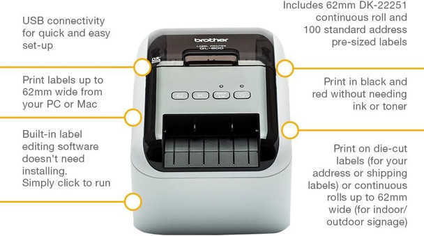 Brother QL-800 Label Printer High-Speed Direct Thermal USB Black Red