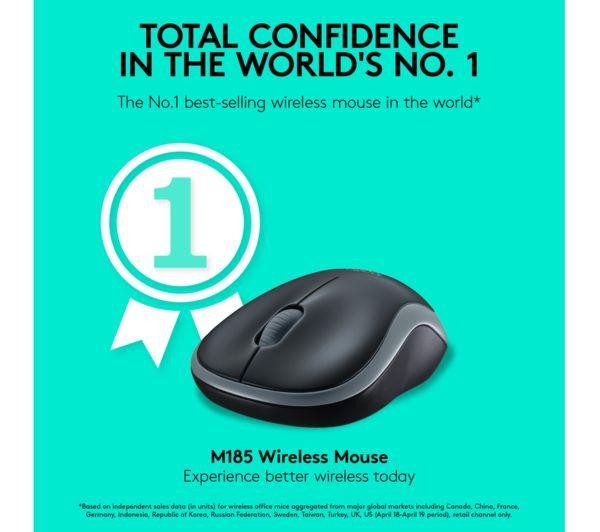 Logitech M185 Wireless Optical Mouse 2.4GHz USB Nano Receiver Ambidextrous Grey