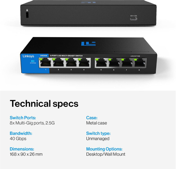 Linksys LN2308-KE 8-Port 2.5G Multi-Gig Unmanaged Switch Metal Fanless 12K Jumbo