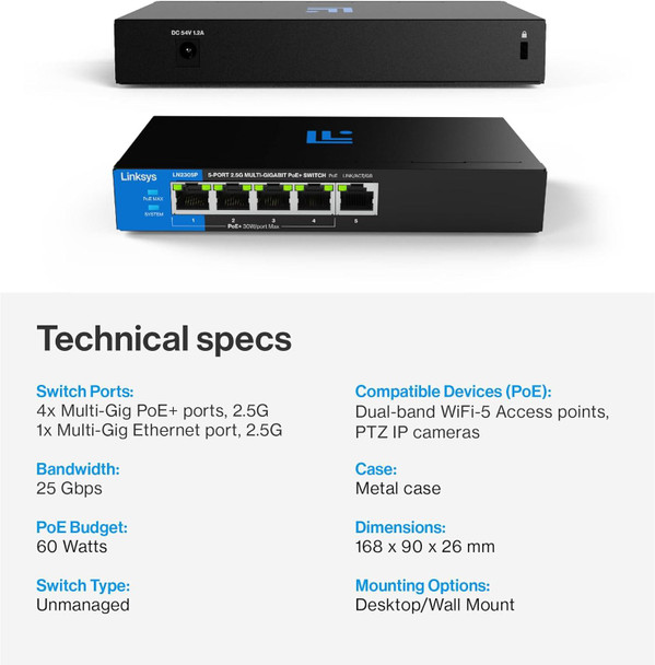 Linksys 5-Port 2.5G Multi-Gig Unmanaged PoE+ Switch Metal Fanless – image 7
