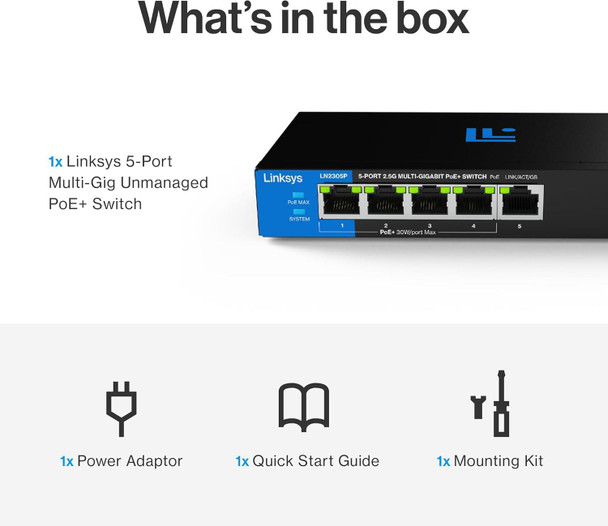 Linksys 5-Port 2.5G Multi-Gig Unmanaged PoE+ Switch Metal Fanless