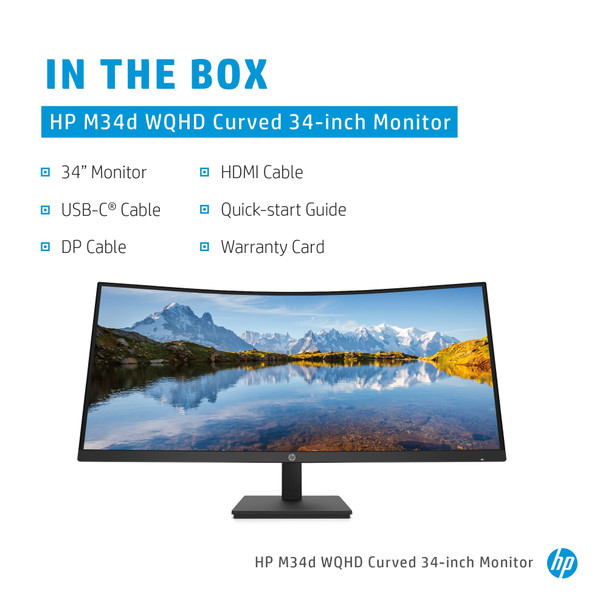 HP M34d 34 Inch WQHD Curved Monitor Ultrawide USB-C Display for PC Laptop Gaming