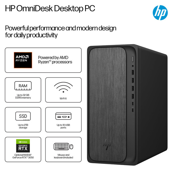 HP OmniDesk M02-0004na PC, AMD Ryzen 7 8700G, 8GB RAM, 1TB SSD, Windows 11 Home