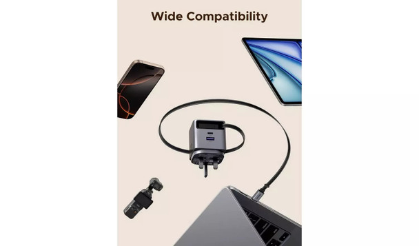 Ugreen Nexode Pro 45W GaN Fast Charger with Retractable USB-C Cable - Grey