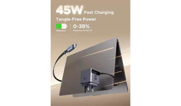 Ugreen Nexode Pro 45W GaN Fast Charger with Retractable USB-C Cable - Grey
