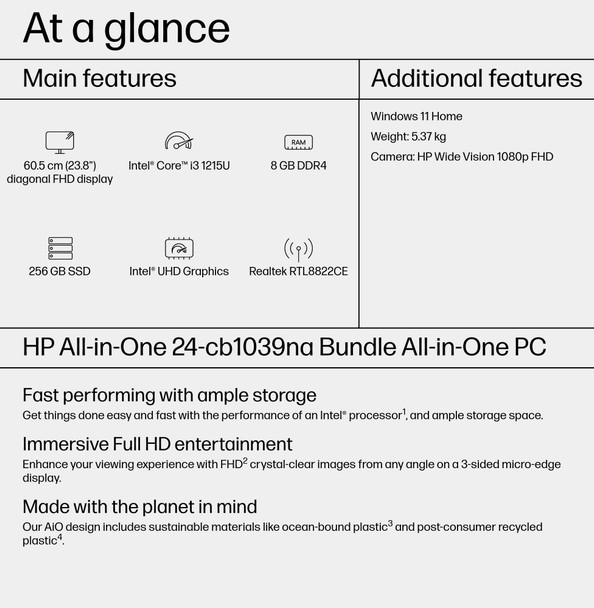 HP 24 All-in-One PC, Intel Core i3, 8GB RAM, 256GB SSD, 23.8 inch FHD Display