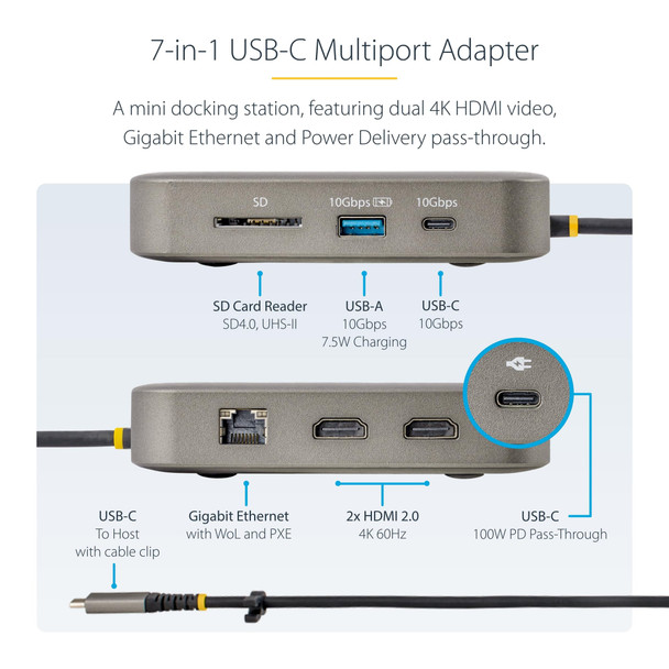 StarTech 7-in-1 USB-C Multiport Adapter Dual 4K 60Hz HDMI Docking Station