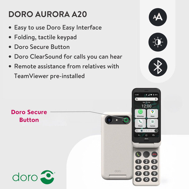 Doro Aurora A20 4G Senior Flip Smartphone 64GB Bone Unlocked Android Mobile
