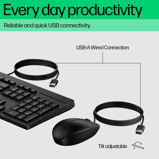 HP 225 Wired Keyboard and Mouse Combo Full Size USB PC Laptop Office Black