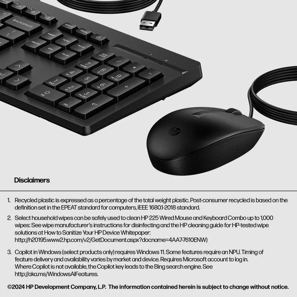 HP 225 Wired Keyboard and Mouse Combo Full Size USB PC Laptop Office Black