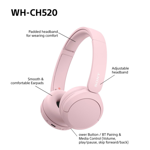Sony WH-CH520 Wireless Bluetooth On-Ear Headphones Pink Lightweight 50hr Battery