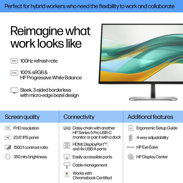 HP Series 5 Pro 524pf 23.8" FHD 100Hz IPS Monitor HDMI USB Hub PC Office