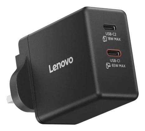 Lenovo 65W Dual USB-C GaN Fast Wall Charger UK 3-Pin Plug for Laptop Phone Black